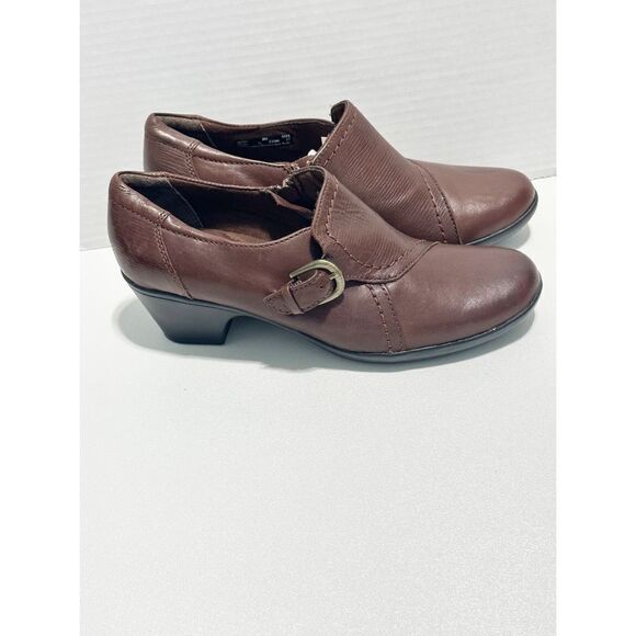 Clarks Women's Bendables Leather Slip-On Side Zip Block Heels Bootie Brown 8‎ - Picture 1 of 13
